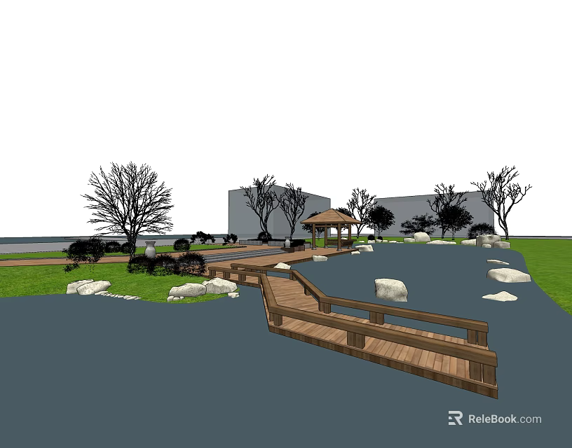 Scenic Park Landscape Featuring Wooden Bridge Pavilion Trees Grass And Water Area 3d model 