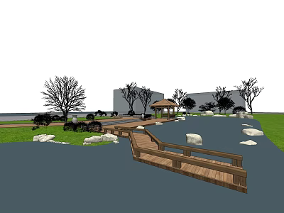 Scenic Park Landscape Featuring Wooden Bridge Pavilion Trees Grass And Water Area 3d model