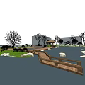Scenic Park Landscape Featuring Wooden Bridge Pavilion Trees Grass And Water Area