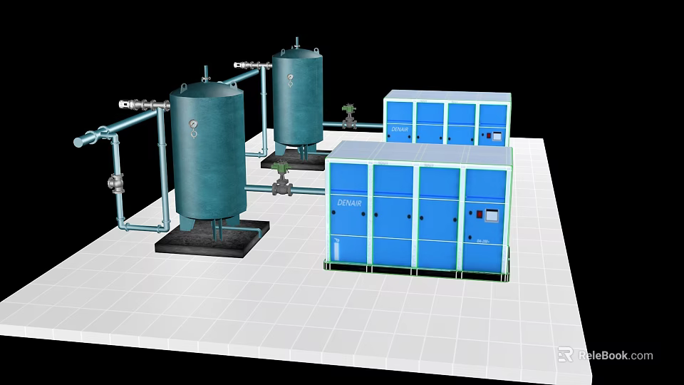 Industrial Equipment Configuration Featuring Green Storage Tanks Piping And Blue Control Cabinets 3d model 