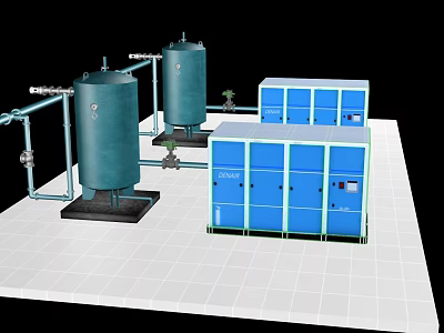Industrial Equipment Configuration Featuring Green Storage Tanks Piping And Blue Control Cabinets 3d model