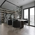 Modern Open Concept Living Dining Room With Wooden Walls Marble Coffee Table Black Sofa and Large Painting
