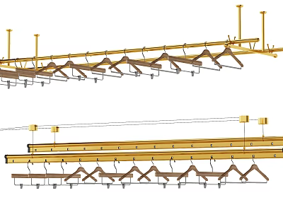 Golden Metal Clothes Hangers Hanging On Ceiling Mounted Rods With Multiple Hooks 3d model