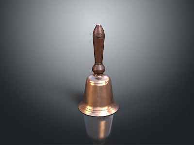 Vintage Brass Bell With Polished Wooden Handle On Reflective Black Surface 3d model