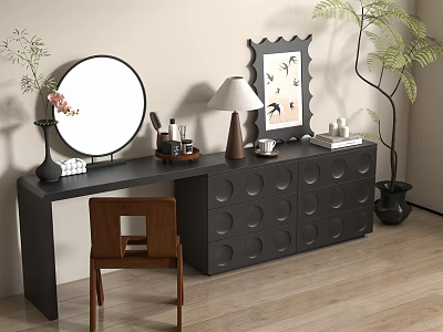 Black Dressing Table With Round Mirror Table Lamp Vase And Wooden Chair 3d model