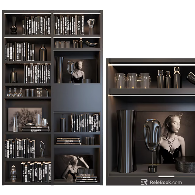 Modern Storage Cabinet Featuring Books Decorative Vases Wine Glasses And Artwork 3d model 