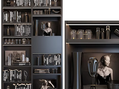 Modern Storage Cabinet Featuring Books Decorative Vases Wine Glasses And Artwork 3d model