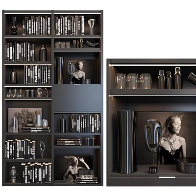 Modern Storage Cabinet Featuring Books Decorative Vases Wine Glasses And Artwork 3d model