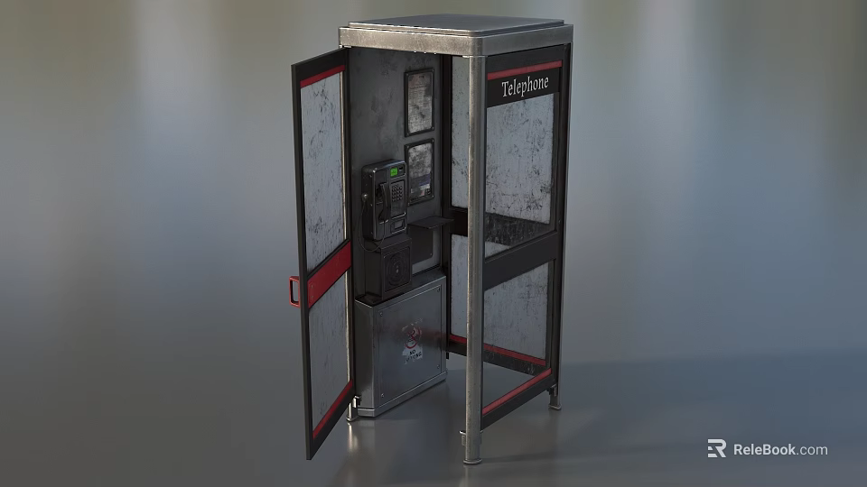 Public Telephone Booth With Metal Structure Glass Door And Red Handle 3d model 