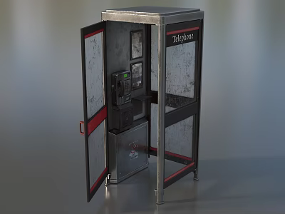 Public Telephone Booth With Metal Structure Glass Door And Red Handle 3d model