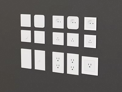 White Electrical Outlets and Switches Arranged on Gray Background Surface 3d model