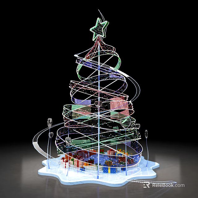 Spiral Christmas Tree With Colorful Decorations Star Gift Boxes And Transparent Base 3d model 