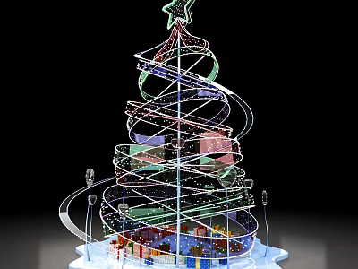 Spiral Christmas Tree With Colorful Decorations Star Gift Boxes And Transparent Base 3d model