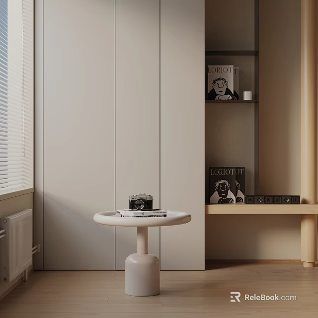 Modern Minimalist Side Table by Window with Blinds White Cabinets Topped with Camera and Books 3d model 