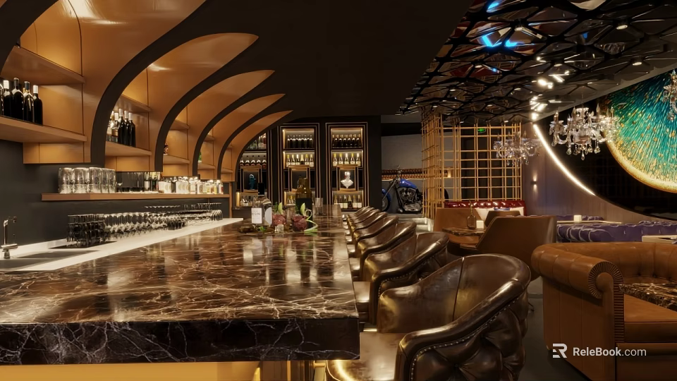 Luxurious Bar Interior With Marble Counter Leather Chairs Wine Racks And Chandeliers 3d model 