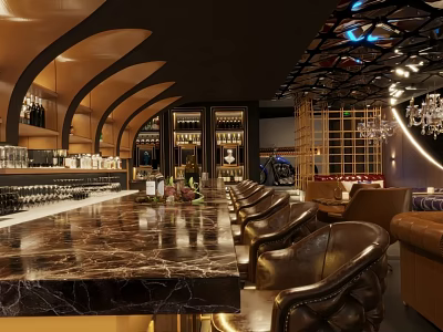 Luxurious Bar Interior With Marble Counter Leather Chairs Wine Racks And Chandeliers 3d model