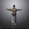Man With Black Topknot Hairstyle Wearing Kimono Arms Outstretched Against Gray Background In Geta Sandals