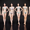 Six Women Wearing Colorful Striped Bikinis Standing In A Row With Black Background