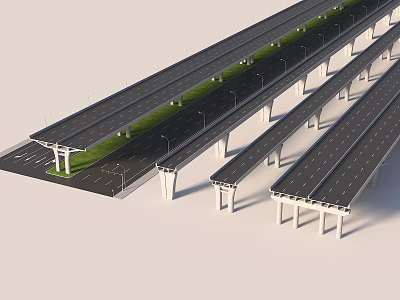 Multi level Elevated Bridge Structure With Multiple Lanes And White Piers 3d model