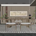 Traditional Chinese Tea Room Interior With Calligraphy Artwork Long Wooden Table And Tea Sets