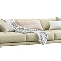 Modern Beige Three Seater Sofa With Soft Fabric Cushions And Throw Blanket 3d model
