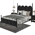 Dark Double Bed with Arched Paneled Headboard Patterned Bedding Nightstands Table Lamps and Rug