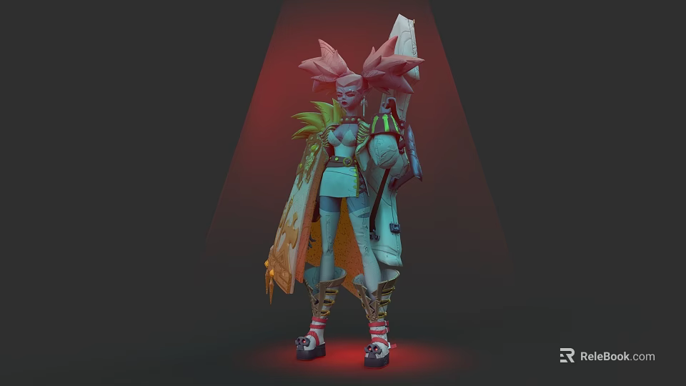 3D Game Character With Pink Spiky Hair Teal Outfit And Mechanical Cloak Design 3d model 