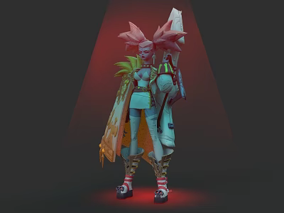 3D Game Character With Pink Spiky Hair Teal Outfit And Mechanical Cloak Design 3d model