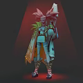 3D Game Character With Pink Spiky Hair Teal Outfit And Mechanical Cloak Design