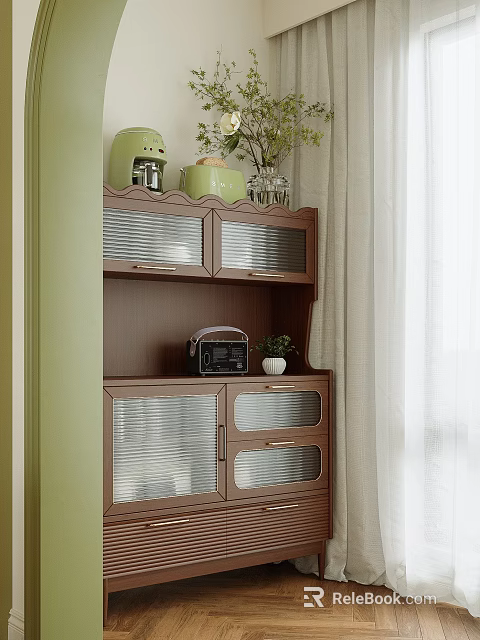 Brown Storage Cabinet with Glass Doors Drawers and Decorative Items by Light Green Wall 3d model 
