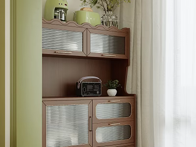 Brown Storage Cabinet with Glass Doors Drawers and Decorative Items by Light Green Wall 3d model