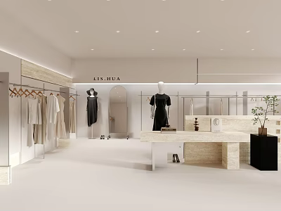 LES RUA Modern Minimalist Clothing Store With Hanging Clothes Mannequins Display Tables And Plants 3d model