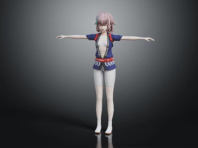 3D Anime Character Creature with Pink Hair and Blue White Outfit Standing Open Arms 3d model