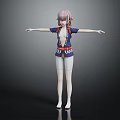 3D Anime Character Creature with Pink Hair and Blue White Outfit Standing Open Arms