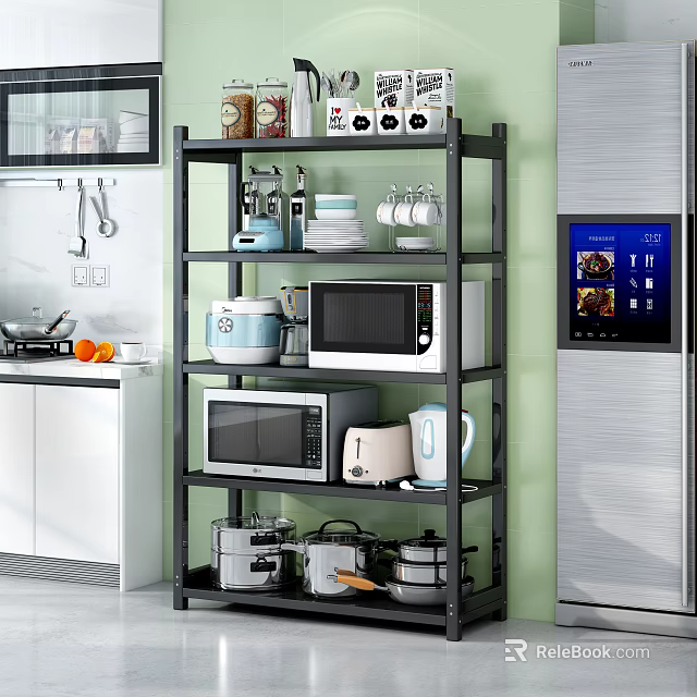 Black Kitchen Shelf With Microwave Toaster Kettle Pots Cups And Dishes In Modern Kitchen 3d model 