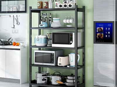 Black Kitchen Shelf With Microwave Toaster Kettle Pots Cups And Dishes In Modern Kitchen 3d model