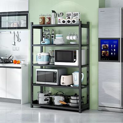 Black Kitchen Shelf With Microwave Toaster Kettle Pots Cups And Dishes In Modern Kitchen 3d model