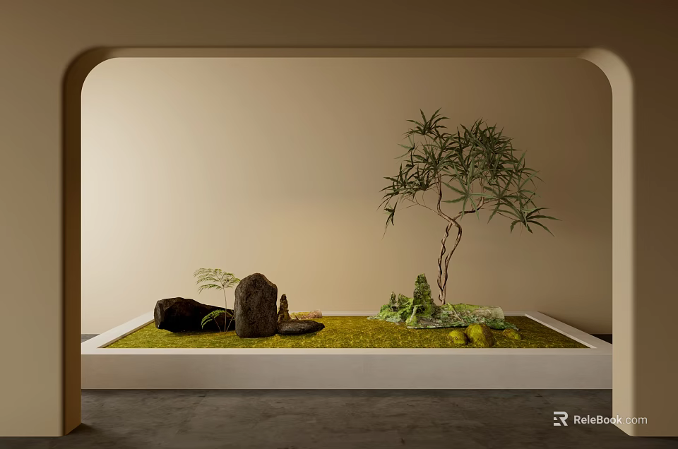 Beige Wall Archway With Rectangular White Base Green Grass Rockery Stones Small Tree And Plants 3d model