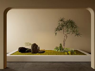 Beige Wall Archway With Rectangular White Base Green Grass Rockery Stones Small Tree And Plants 3d model