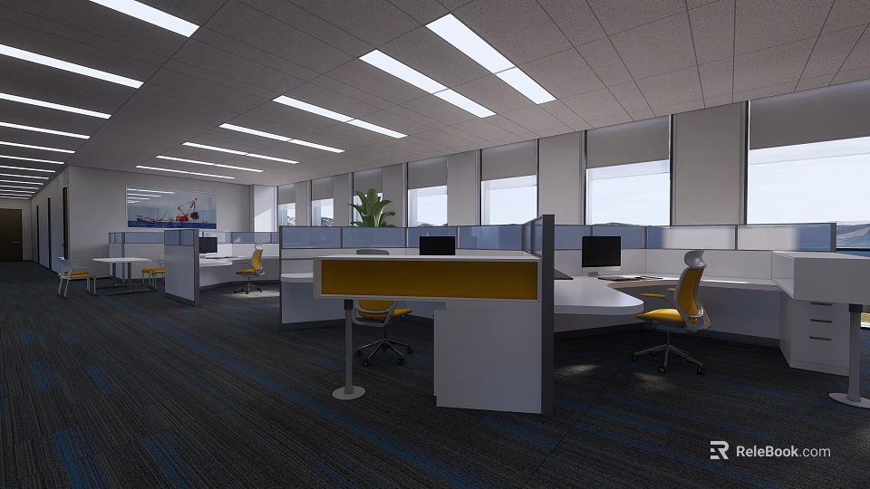 Modern Public Office Area With Open Workstations Green Plants And Bright Lighting 3d model 