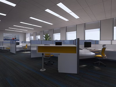 Modern Public Office Area With Open Workstations Green Plants And Bright Lighting 3d model