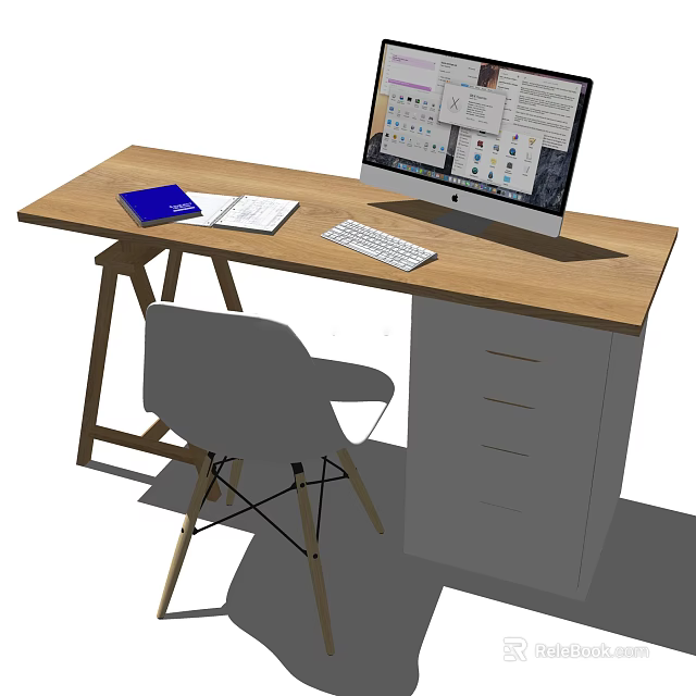 Wooden Modern Home Office Desk With Computer Monitor Keyboard Books And Chair 3d model 