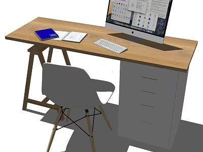 Wooden Modern Home Office Desk With Computer Monitor Keyboard Books And Chair 3d model