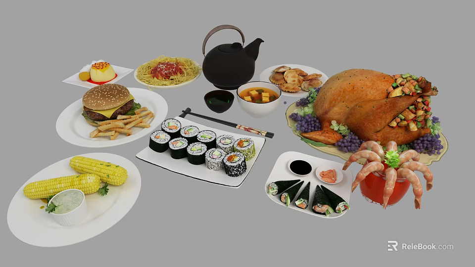 Assorted Delicious Foods Including Hamburger Fries Sushi Turkey And Shrimp Platter 3d model 