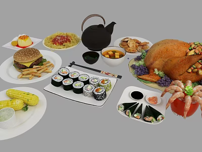 Assorted Delicious Foods Including Hamburger Fries Sushi Turkey And Shrimp Platter 3d model