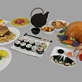Assorted Delicious Foods Including Hamburger Fries Sushi Turkey And Shrimp Platter