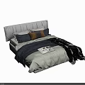 Modern Double Bed Featuring Beige Headboard Gray Bedding Gold Accent Pillow Magazine And Cozy Blanket