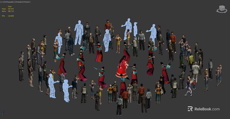 Group of Character Models Featuring Various Costumes Different Poses and Colorful White Silhouettes 3d model 
