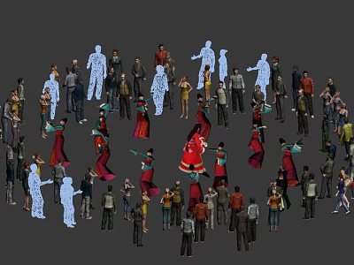 Group of Character Models Featuring Various Costumes Different Poses and Colorful White Silhouettes 3d model