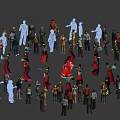 Group of Character Models Featuring Various Costumes Different Poses and Colorful White Silhouettes